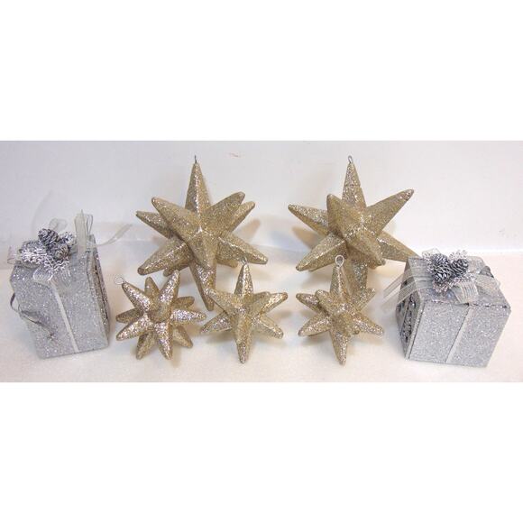 Star Glitter Christmas Ornaments Hanging Silver Boxes Bows 7 Pcs 5" 3" Set Old - Picture 4 of 5